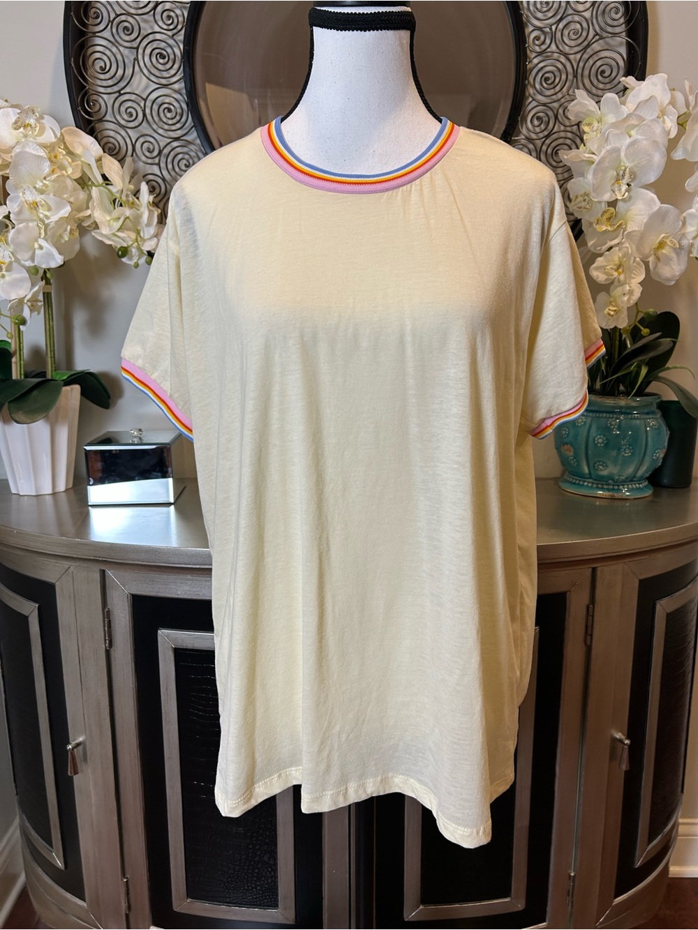 Camp Collection Cream Short Sleeve Crewneck Tee with Rainbow Trim